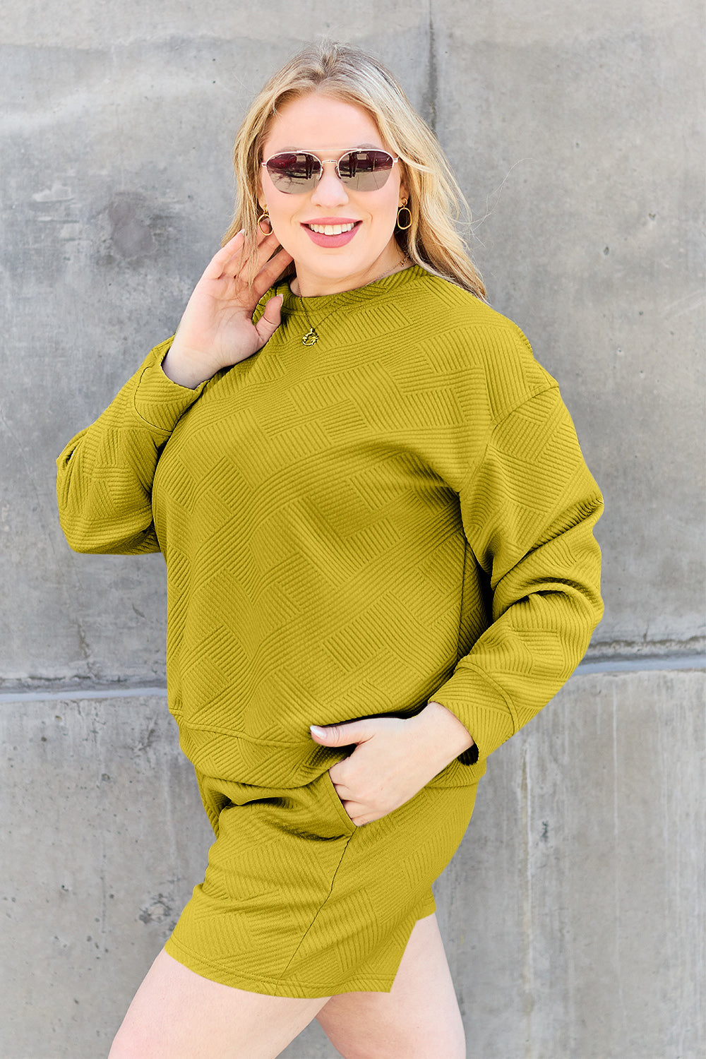 Double Take Full Size Texture Long Sleeve Top and Drawstring Shorts Set Trandify Deal