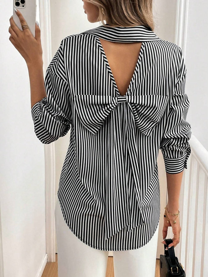 Cutout Bow Back Striped Collared Neck Long Sleeve Shirt Trandify Deal