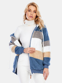 Full Size Drawstring Color Block Zip Up Hooded Outerwear Trandify Deal