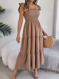Smocked Square Neck Cap Sleeve Midi Dress Trandify deal