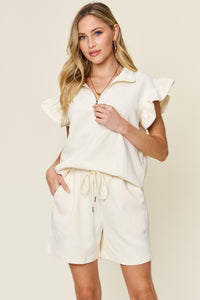 Double Take Full Size Texture Flounce Sleeve Top and Drawstring Shorts Set - Trandify Deal