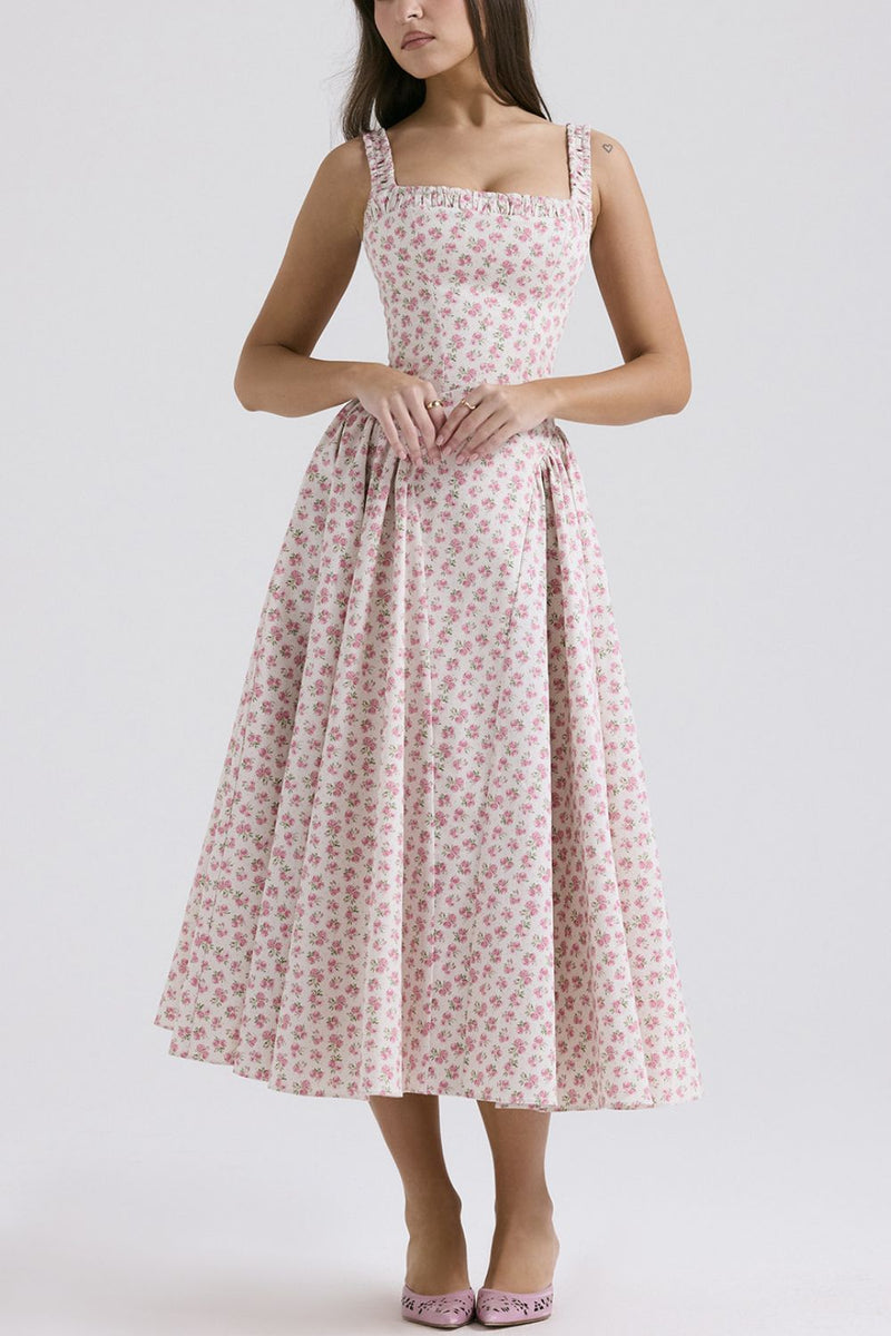 Blush pink floral square neck midi dress for women – USA summer wedding guest dress, wide straps, romantic style – TrandifyDeal