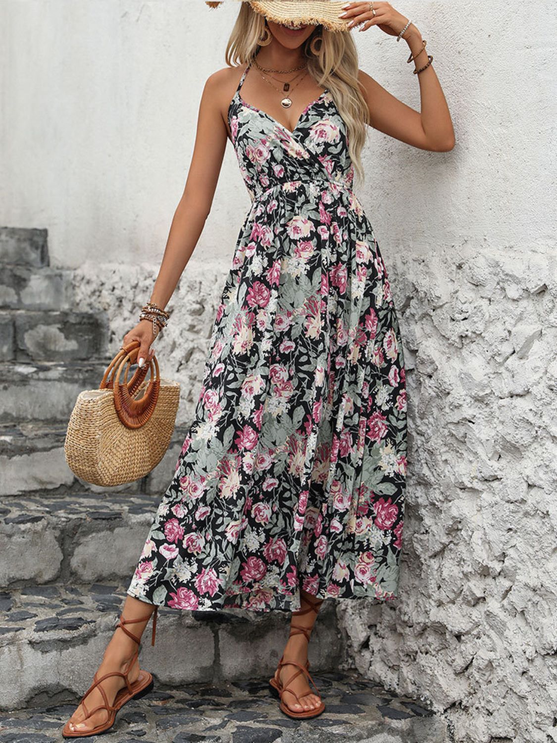 Smocked Printed Halter Neck Midi Dress Trandify Deal