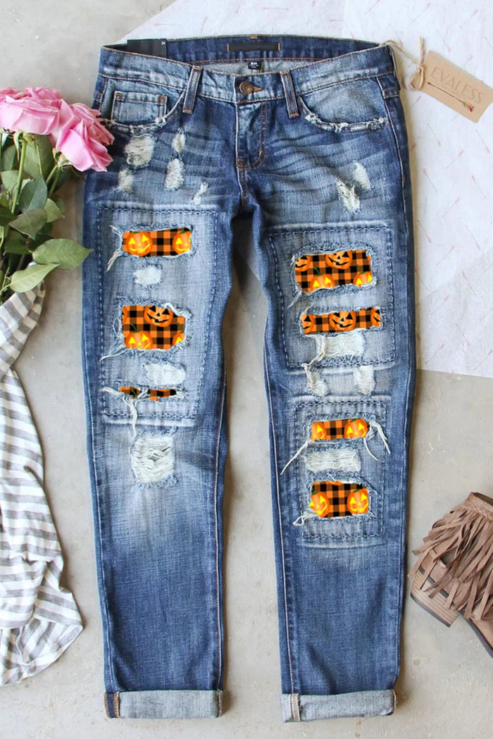 Distressed Pumpkin Pattern Jeans with Pockets Trandify Deal