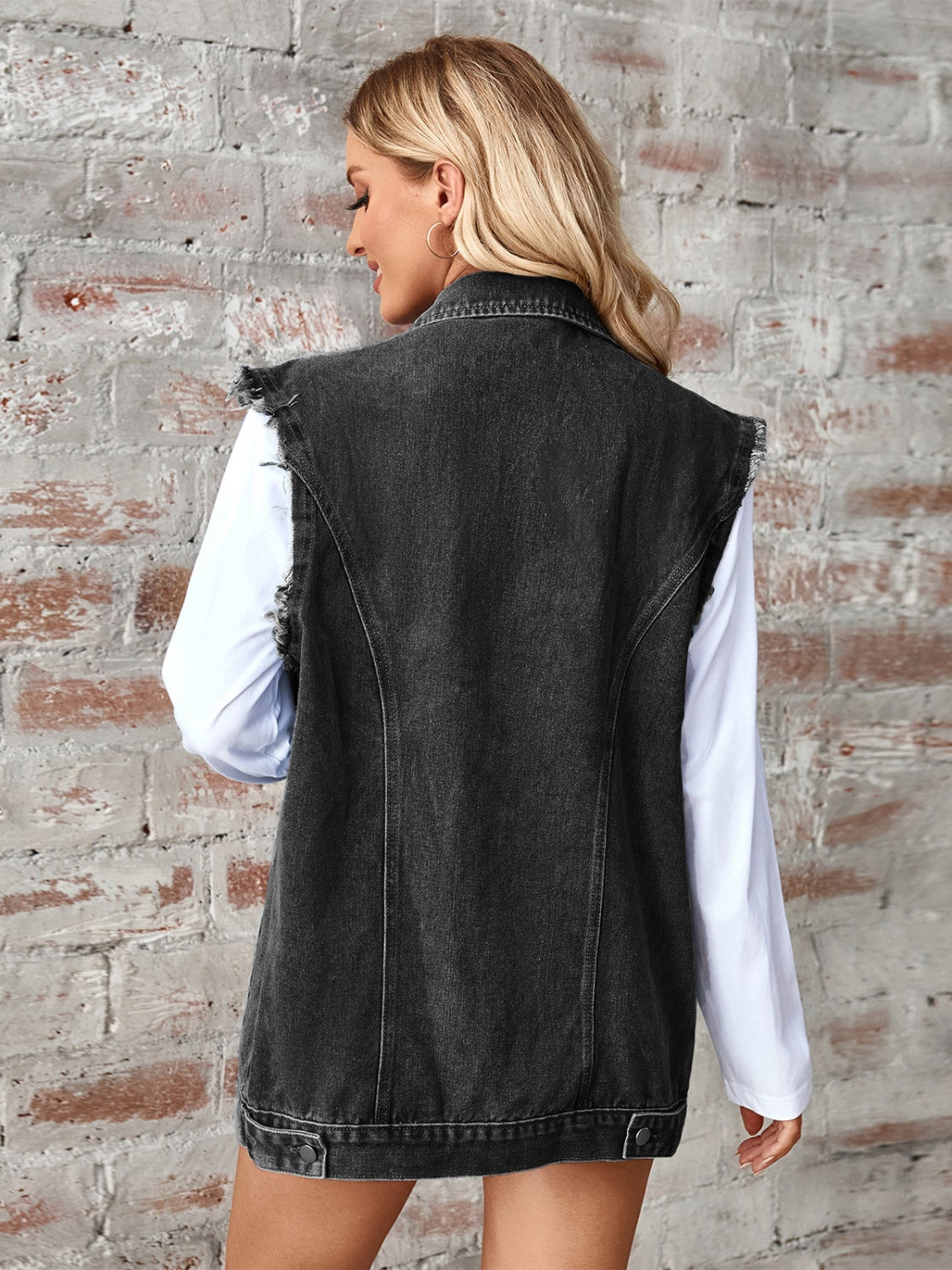 Raw Hem Sleeveless Button Up Denim Jacket Trandify deal
