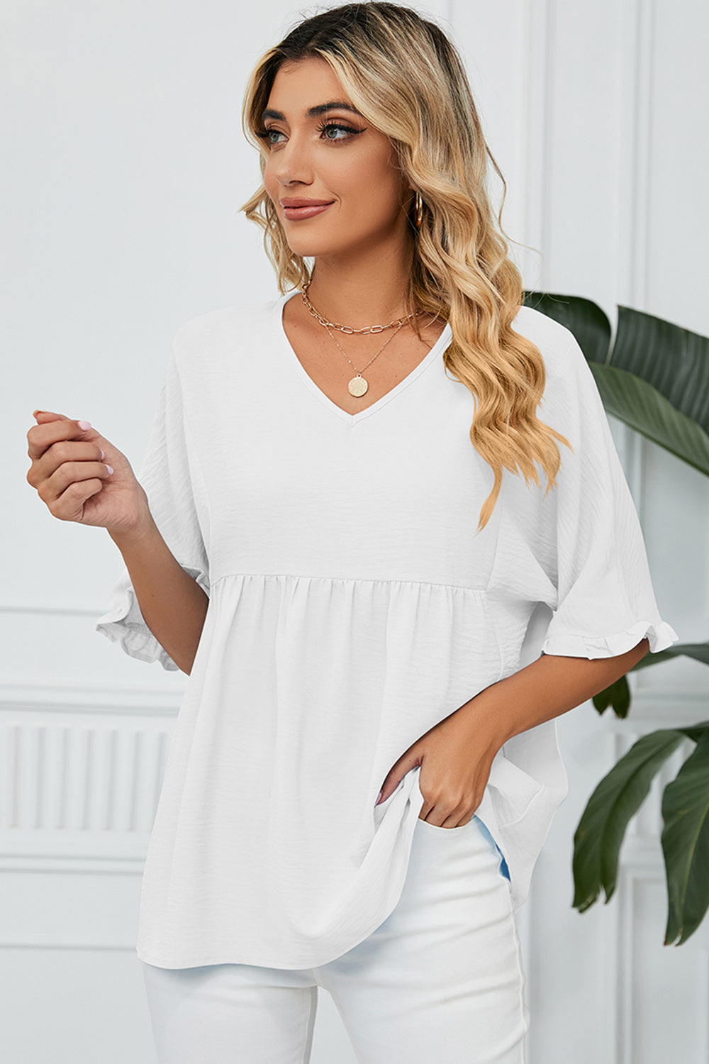 Peplum V-Neck Half Sleeve T-Shirt Trandify deal