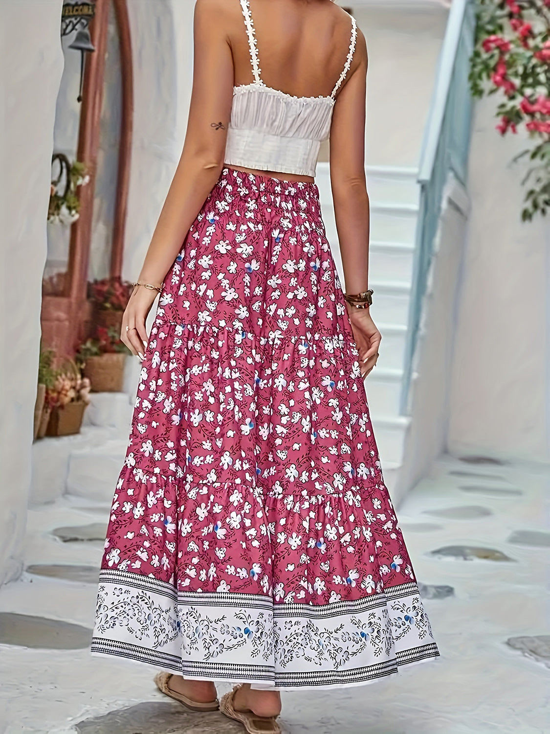 Full Size Tiered Printed Elastic Waist Skirt Trandify deal