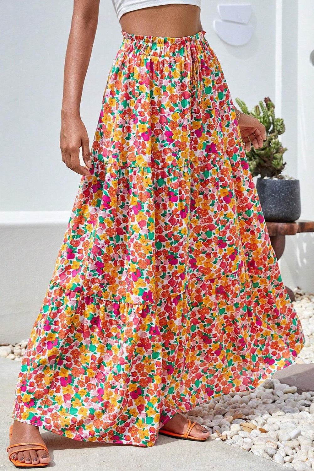 Printed Elastic Waist Maxi Skirt Trandify deal