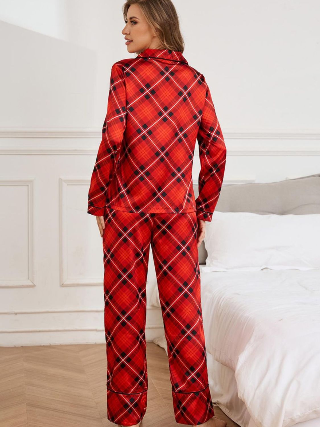 Plaid Button Up Long Sleeve Top and Pants Lounge Set Trandify Deal