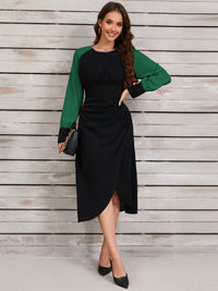 Ruched Contrast Long Sleeve Midi Dress Trandify Deal