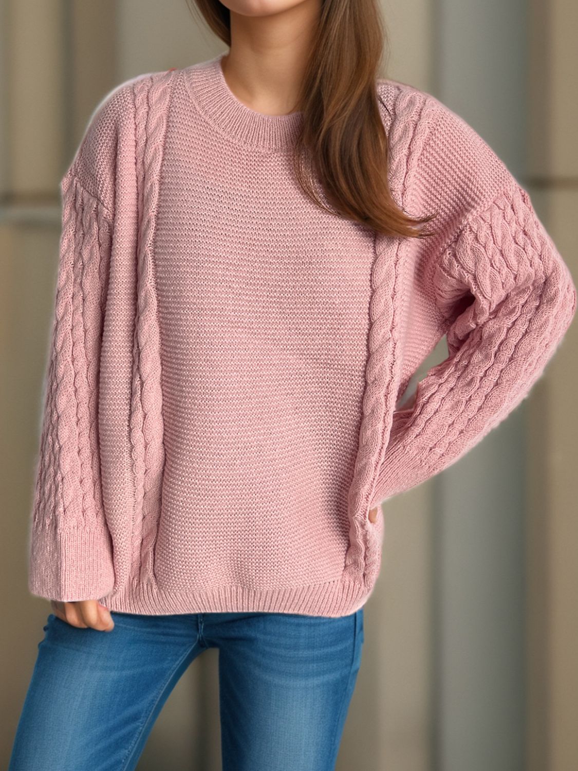 Cable-Knit Round Neck Long Sleeve Sweater Trandify Deal