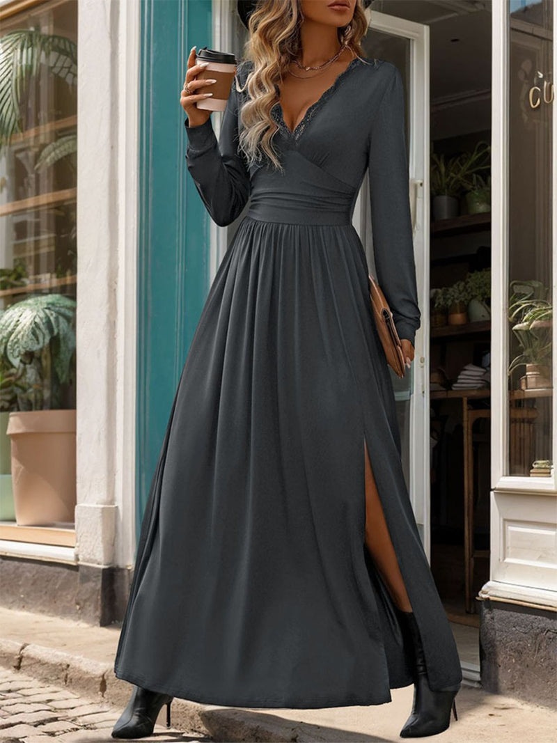 Perfee Lace Detail Slit V-Neck Long Sleeve Dress Trandify Deal