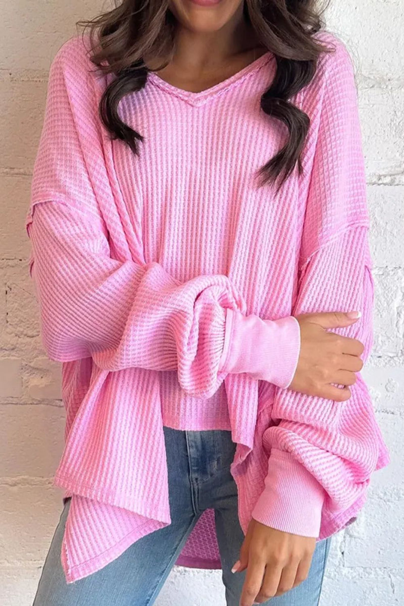 Waffle-Knit V-Neck Long Sleeve Blouse Trandify Deal