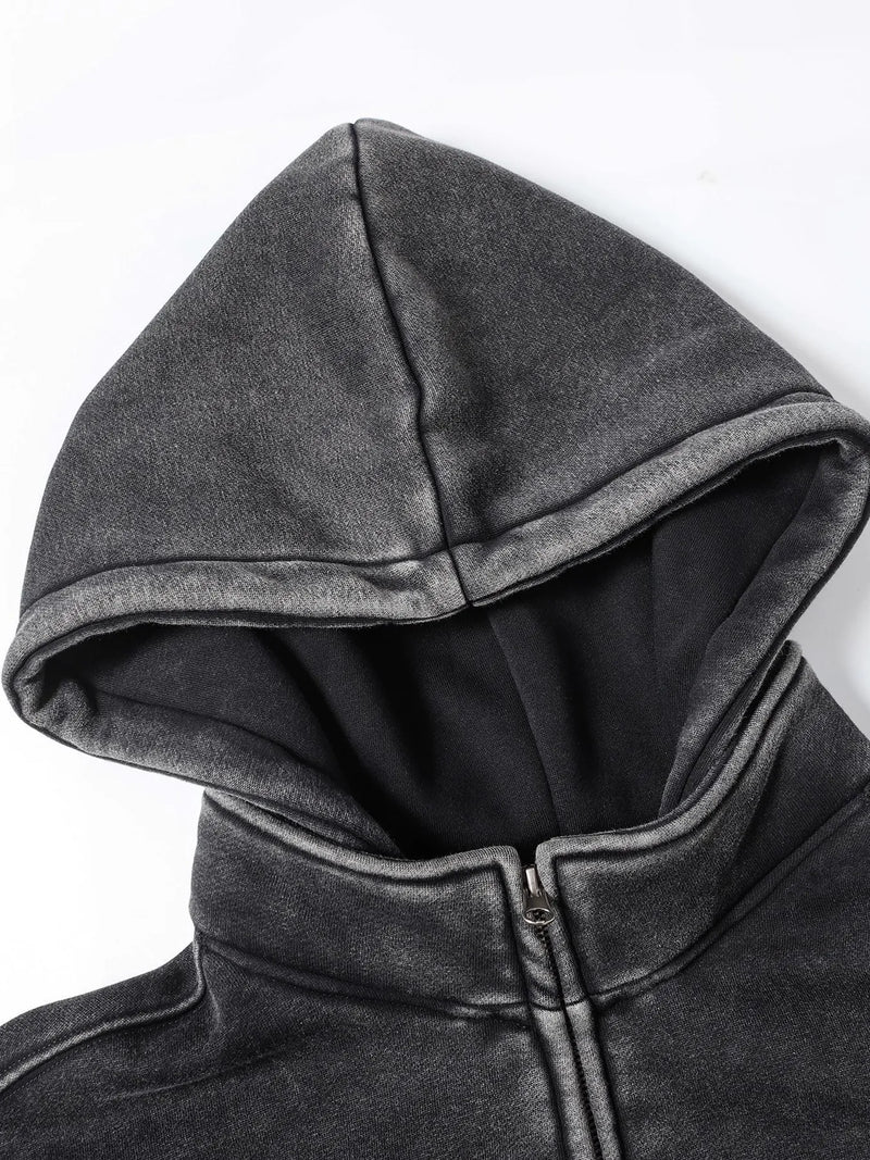 Men’s Distressed Zip-Up Hoodie – Soft Washed Cotton Streetwear Pullover