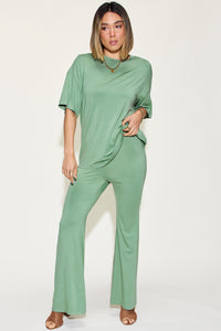Basic Bae Full Size Bamboo Drop Shoulder T-Shirt and Flare Pants Set Trandify Deal