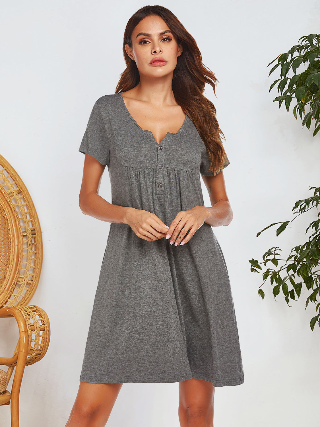 Notched Short Sleeve Mini Lounge Dress Trandify Deal