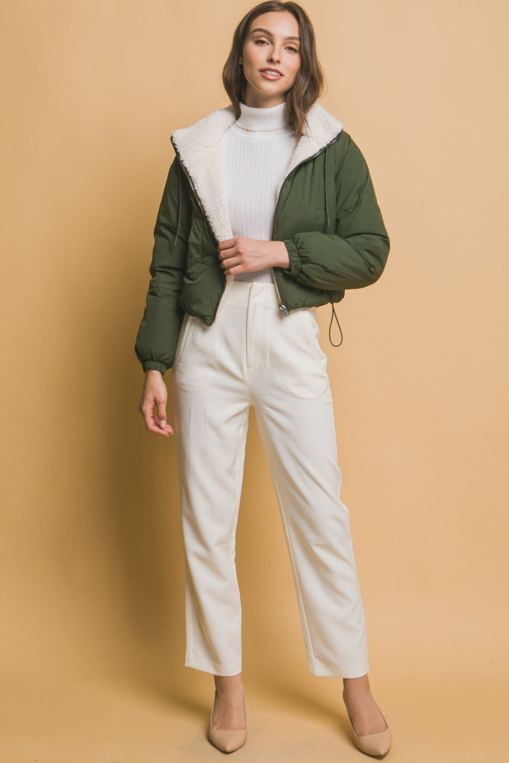 Love Tree Zip Up Cropped Hooded Sherpa Reversible Jacket Trandify Deal