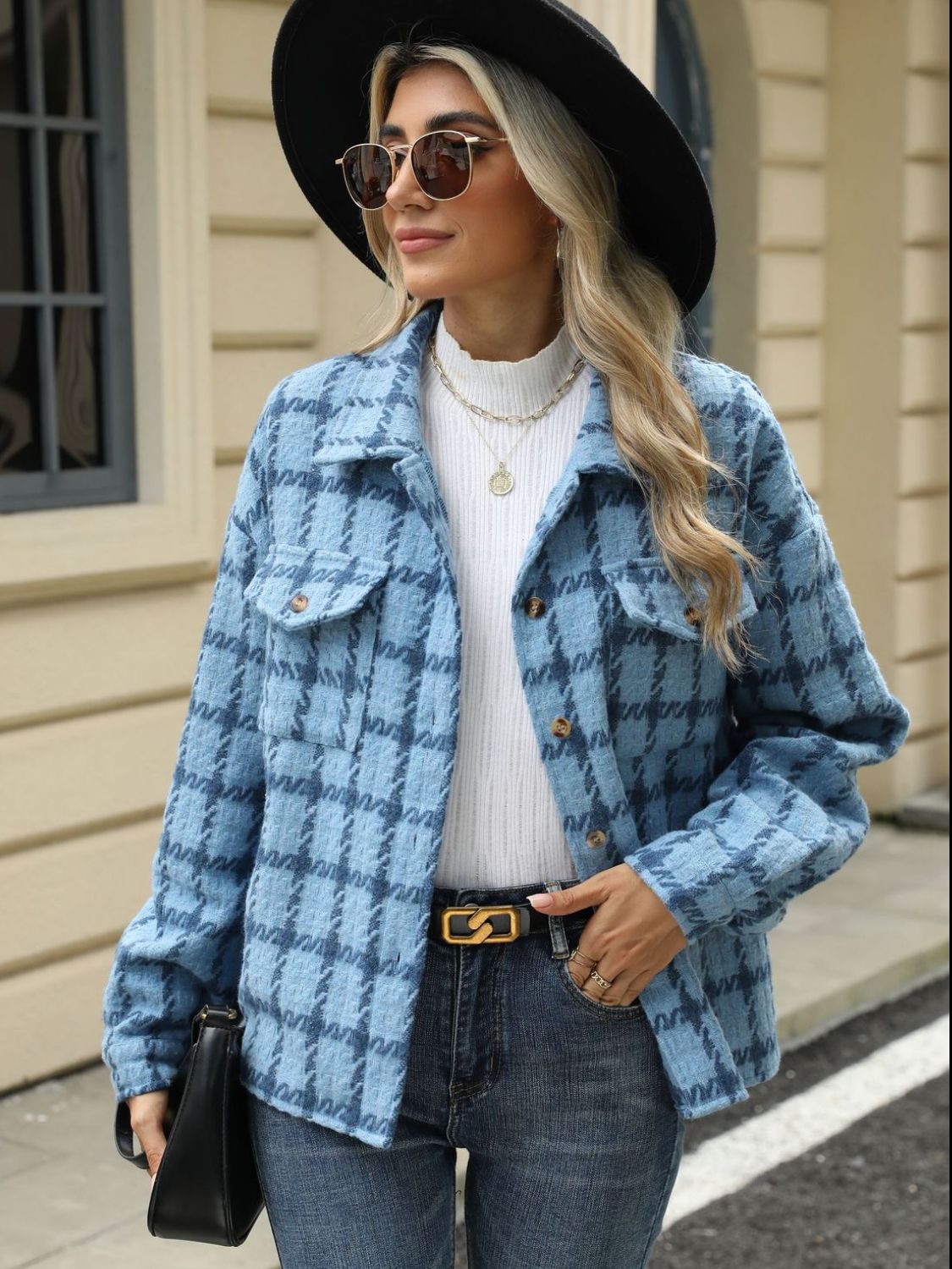 Plaid Collared Neck Long Sleeve Jacket Trandify Deal