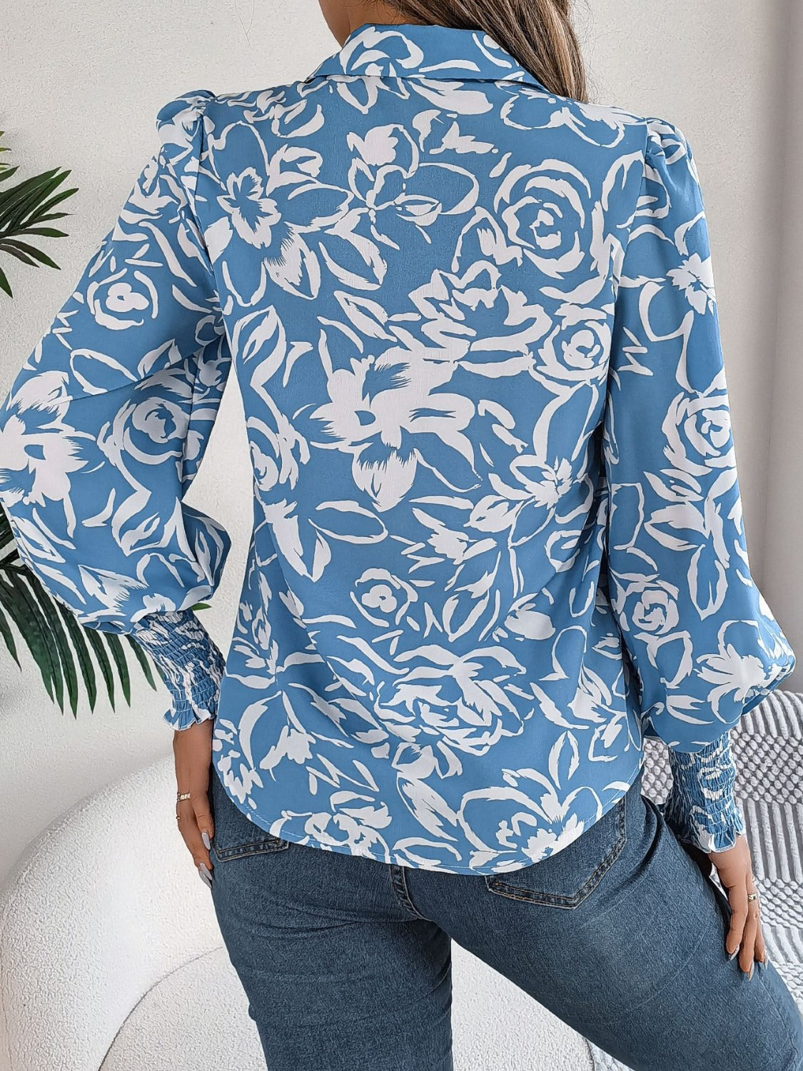Printed Collared Neck Lantern Sleeve Shirt Trandify deal