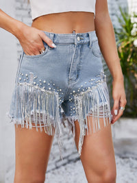 Distressed Pearl Trim Denim Shorts with Pockets Trandify deal