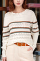 Striped Hollow Out Round Neck Long Sleeve Sweater Trandify Deal