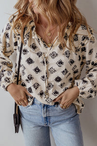 Printed Tie Neck Long Sleeve Blouse Trandify Deal
