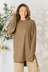 Basic Bae Full Size Ribbed Round Neck Long Sleeve Slit Top Trandify Deal