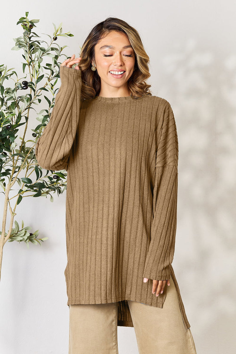 Basic Bae Full Size Ribbed Round Neck Long Sleeve Slit Top Trandify Deal