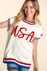 Haptics Letter Embroidery Slit Knit Top Trandify deal