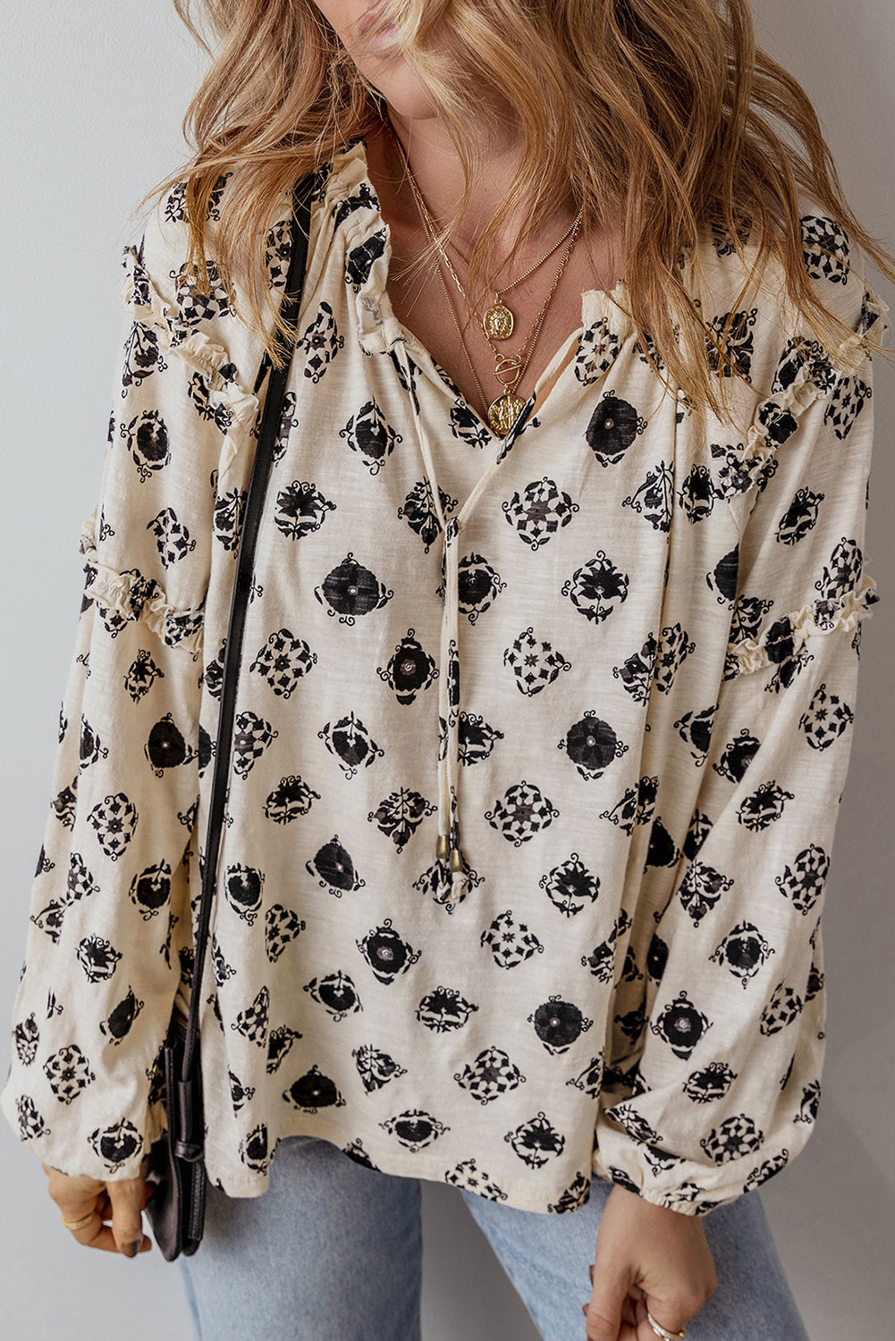 Printed Tie Neck Long Sleeve Blouse Trandify Deal