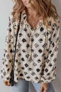 Printed Tie Neck Long Sleeve Blouse Trandify Deal