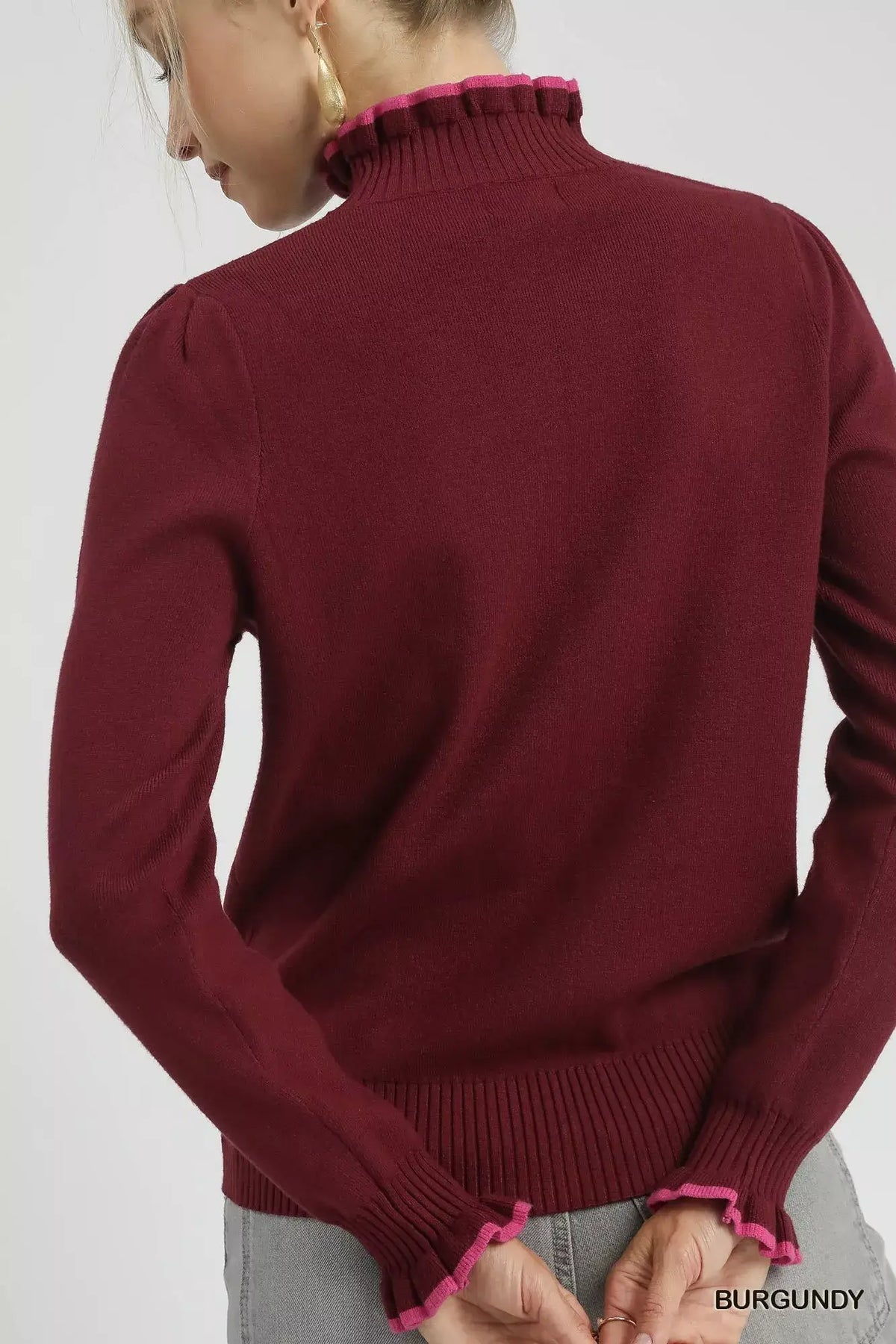 Women's soft ribbed sweater with ruffle contrast trim neckline, casual knit top