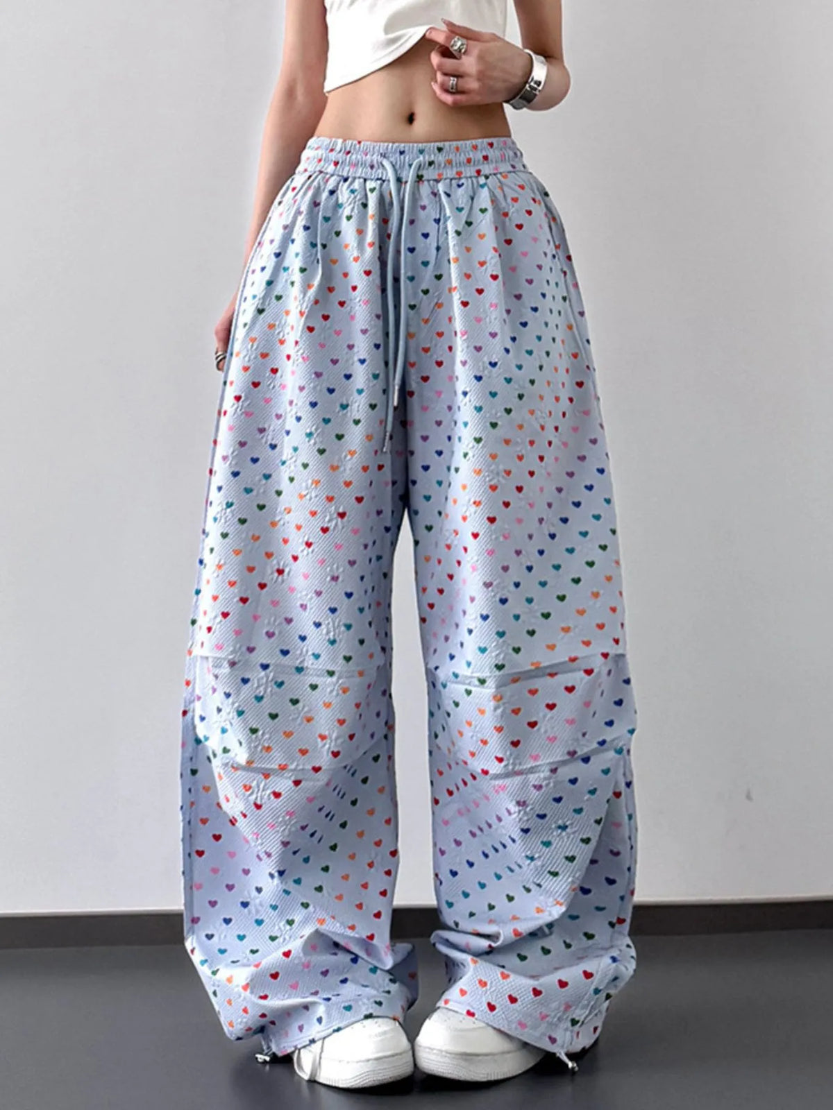 Plus Size Drawstring Joggers with Floral Heart Design – Trendy Comfortable Women’s Pants