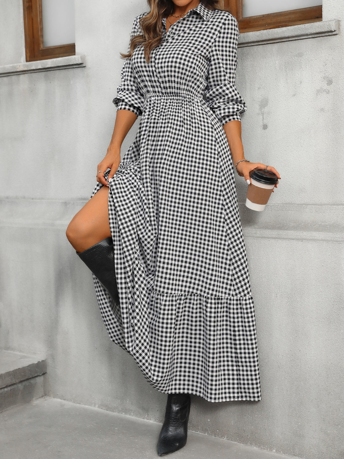 Honey Ruffle Hem Plaid Long Sleeve Dress Trandify Deal