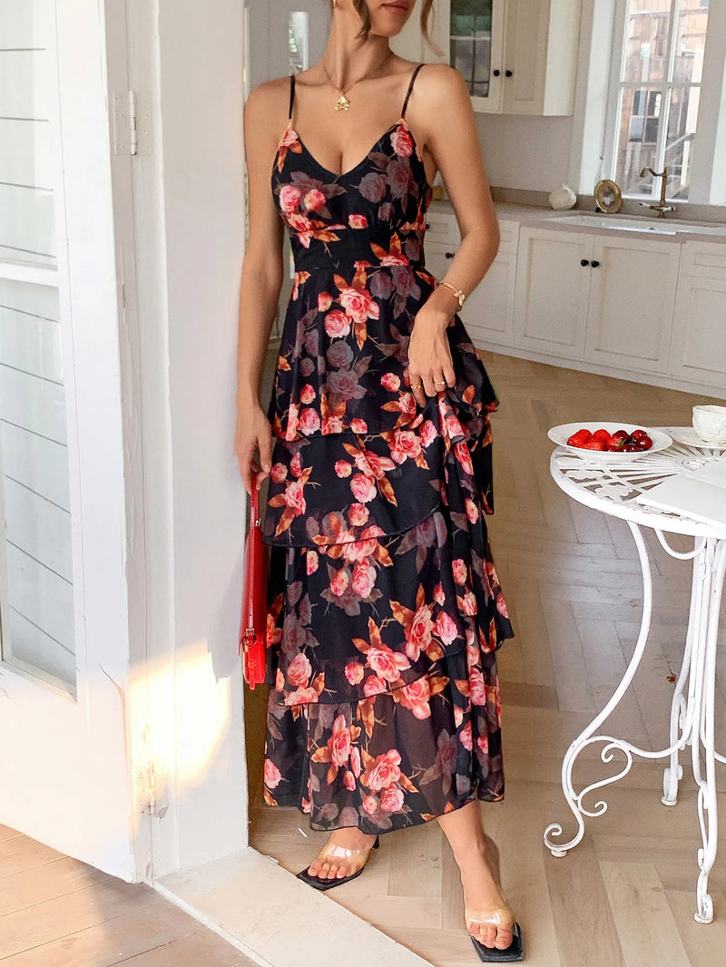 Floral Print Layered Maxi Cami Dress for Women – Boho Summer Fashion with Thigh Slit