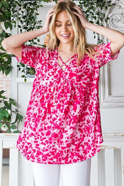 Plus Size Animal Print Babydoll Top – Crisscross Neck Short Sleeve Blouse for Women