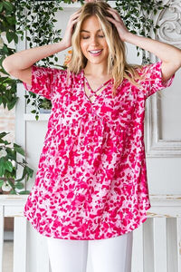 Plus Size Animal Print Babydoll Top – Crisscross Neck Short Sleeve Blouse for Women