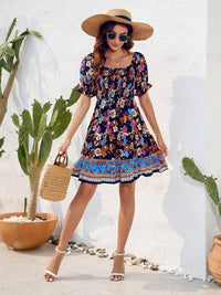 Printed Square Neck Short Sleeve Dress Trandify deal