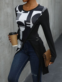 Perfee Geometric Round Neck Long Sleeve T-Shirt Trandify deal