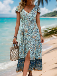 Perfee Backless Slit Printed Short Sleeve Dress Trandify deal