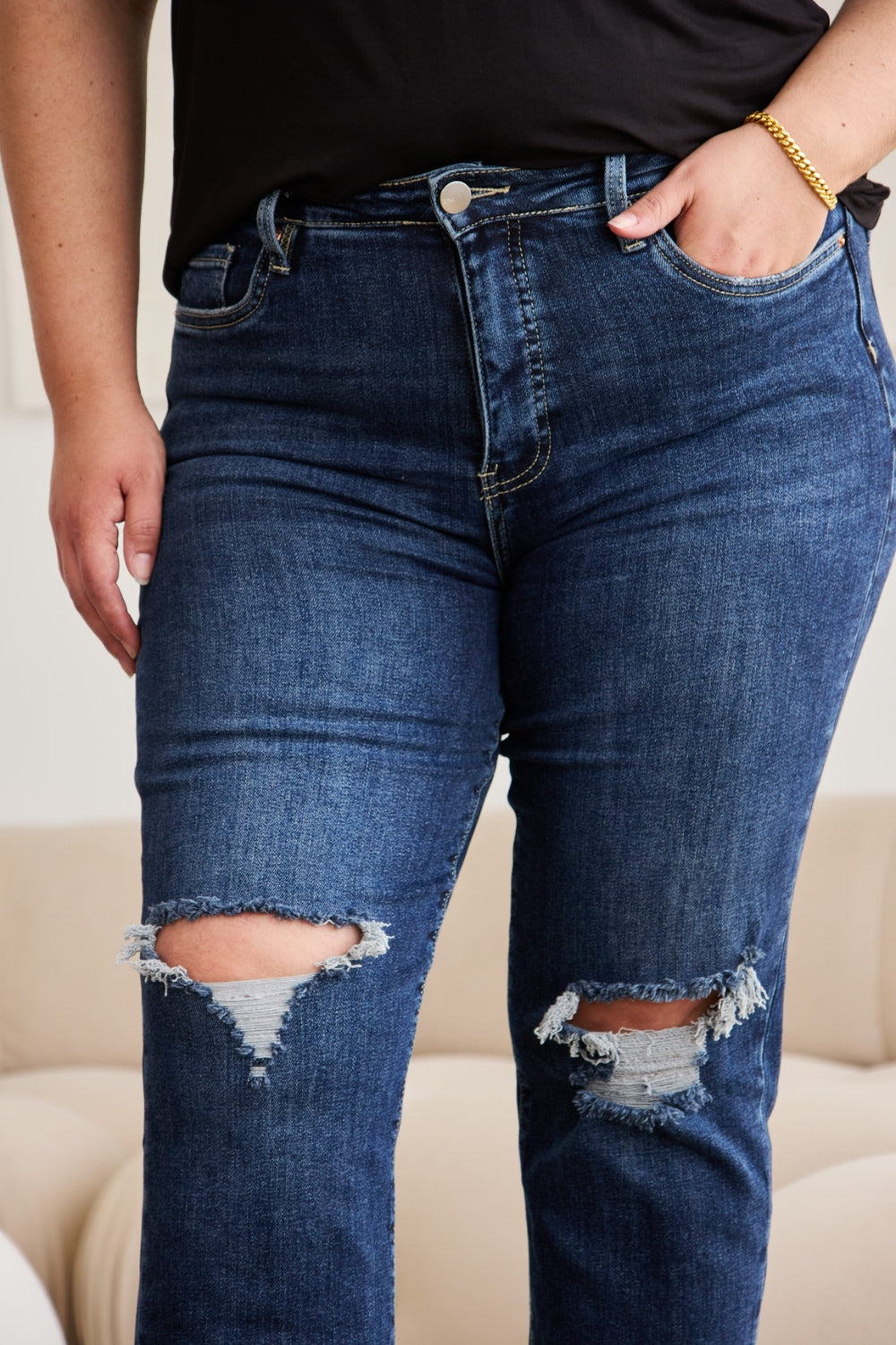 RFM Full Size Tummy Control Distressed High Waist Raw Hem Jeans Trandify deal