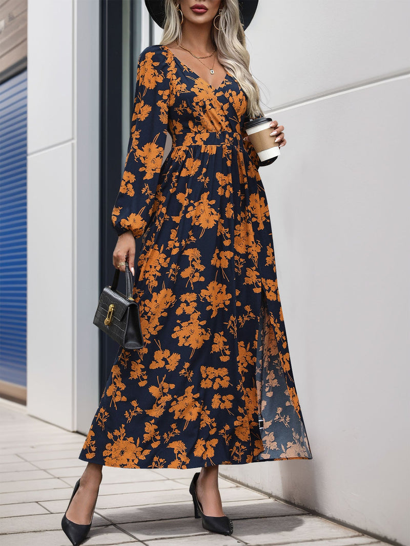 Split Printed Surplice Long Sleeve Midi Dress Trandify Deal