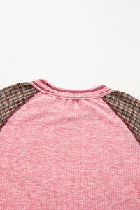 Plaid Floral Patchwork Round Neck Long Sleeve Top Trandify Deal