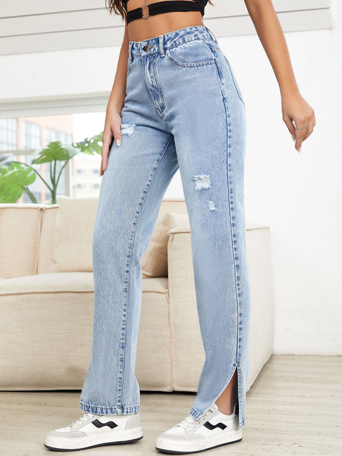 Trendy Distressed Slit Straight Leg Jeans for Women – TrandifyDeal