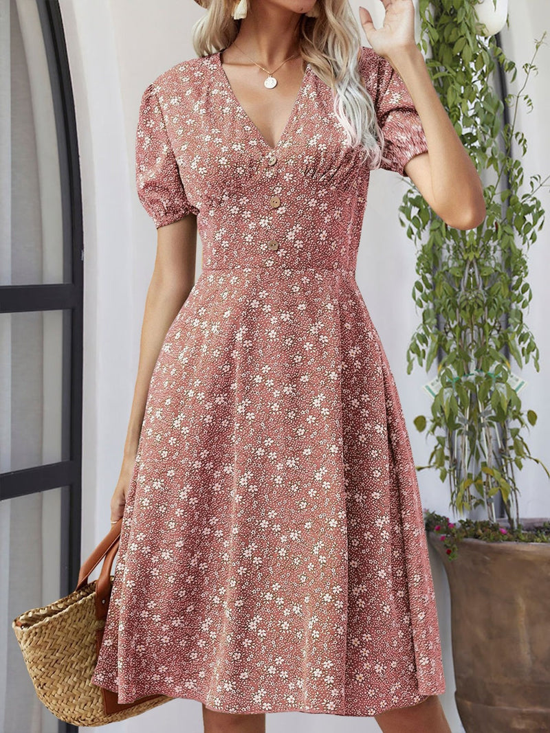 Printed V-Neck Short Sleeve Dress Trandify deal