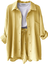 Trendy linen-blend two-piece set for women, stylish matching shirt and shorts