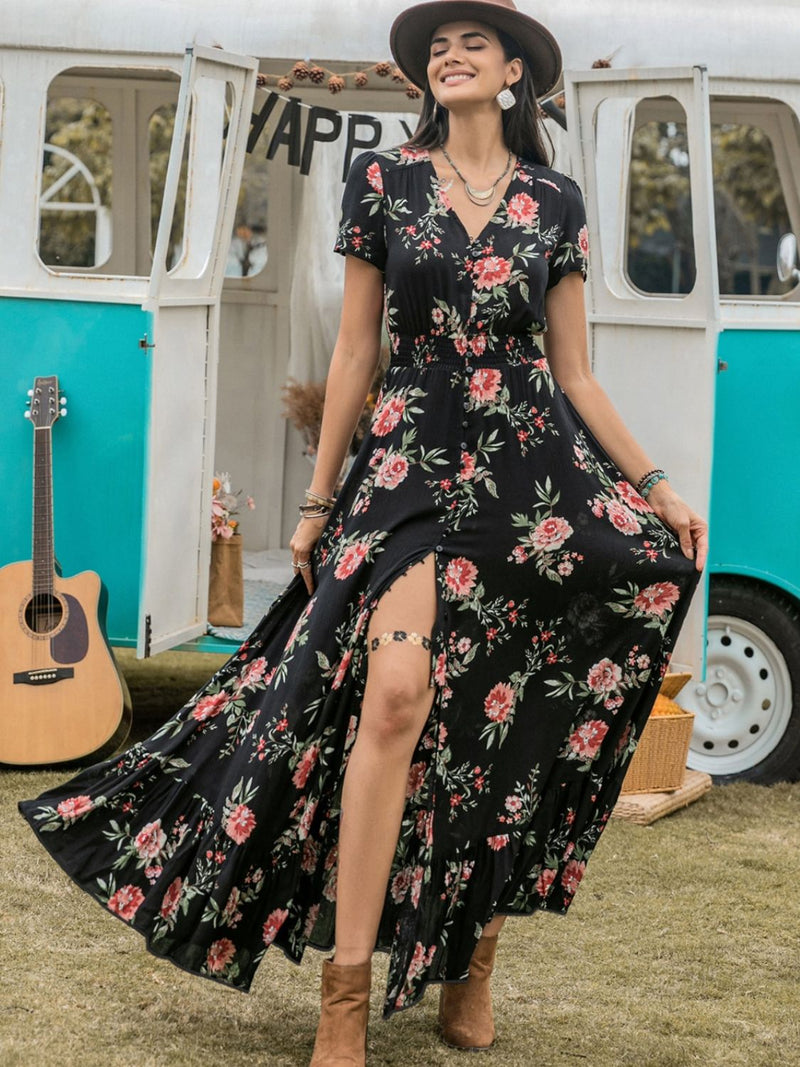 Split Printed V-Neck Short Sleeve Dress Trandify Deal