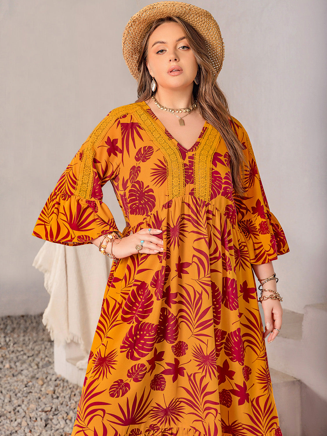 Plus Size Lace Detail Printed V-Neck Maxi Dress Trandify Deal