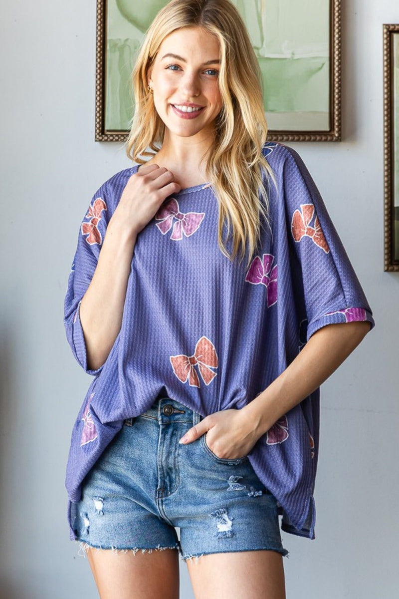 HOPELY Bow Print Waffle Side Slit T-Shirt Trandify Deal