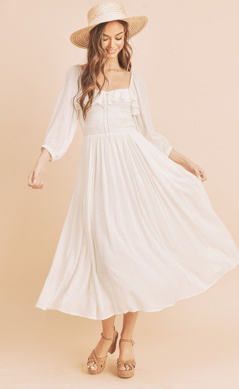 Aemi + Co Women’s Ruffled Smocked Square Neck Balloon Sleeve Dress in [white] – Trendy Summer Dress for USA Women | TrandifyDeal